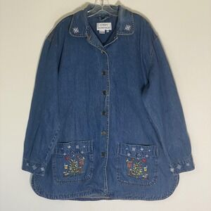 Casey Coleman Jacket Womens Plus 2X Blue Denim Embroidered Christmas Birdhouse